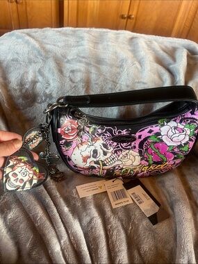 Ed Hardy Black/Pink Multi Color Vegan Purse, Removable Purse Charms, new/tags